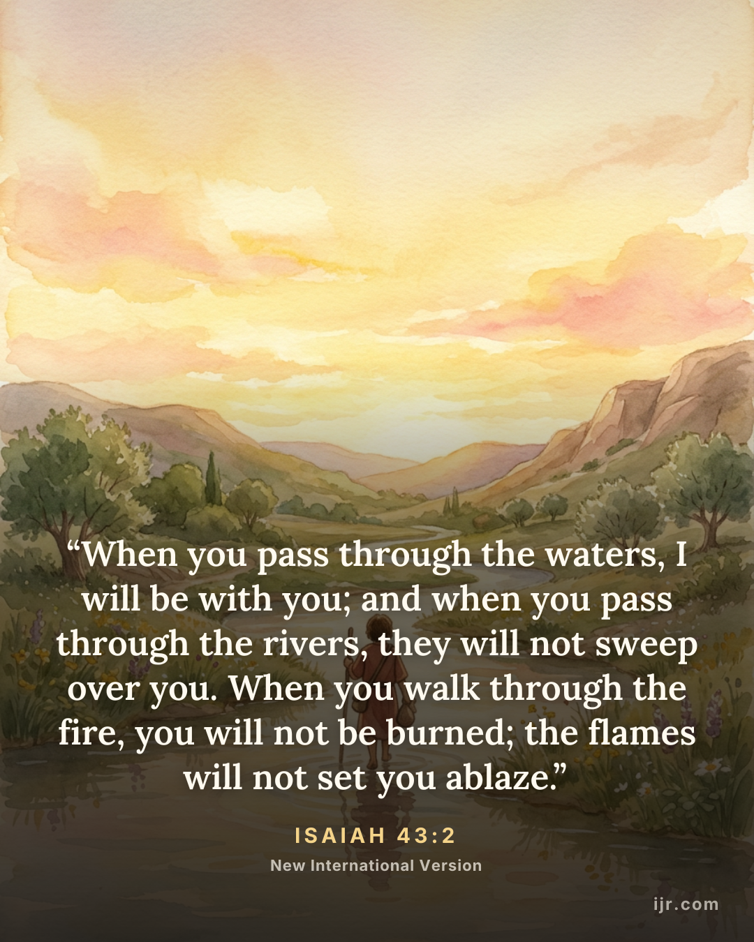 “When you pass through the waters, I will be with you; and when you pass through the rivers, they will not sweep over you. When you walk through the fire, you will not be burned; the flames will not set you ablaze.” — Isaiah 43:2, New International Version

Holy Bible, New International Version®, NIV® Copyright © 1973, 1978, 1984, 2011 by Biblica, Inc.® Used by permission. All rights reserved worldwide.