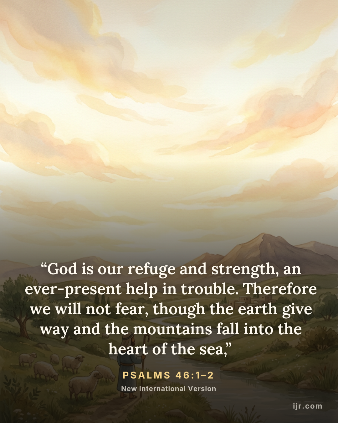 “God is our refuge and strength, an ever-present help in trouble. Therefore we will not fear, though the earth give way and the mountains fall into the heart of the sea,” — Psalms 46:1–2, New International Version

Holy Bible, New International Version®, NIV® Copyright © 1973, 1978, 1984, 2011 by Biblica, Inc.® Used by permission. All rights reserved worldwide.