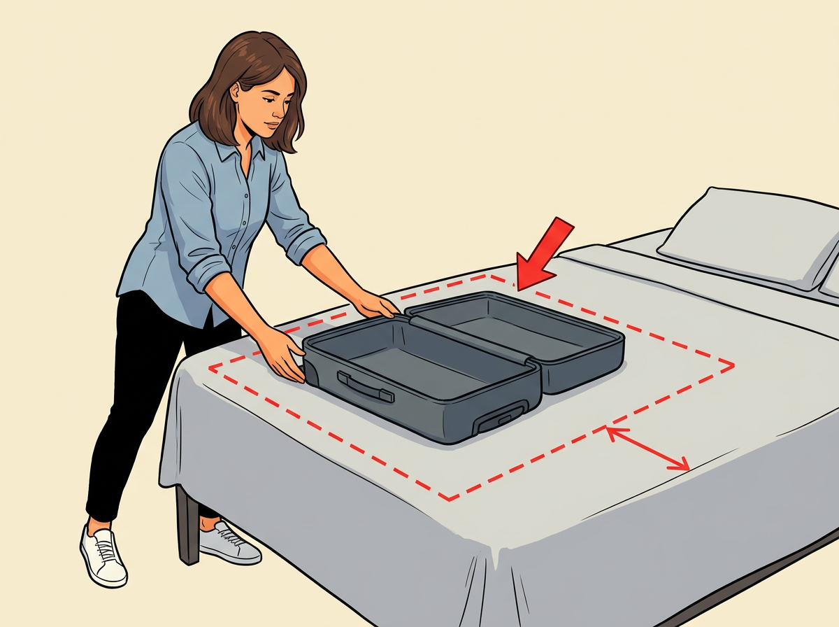 1: LAY the suitcase fully open and flat on the bed with a clear two-foot space all around it.