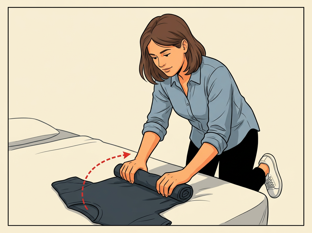 3: ROLL each soft garment into a cylinder as thick as your fist, starting from the hem.