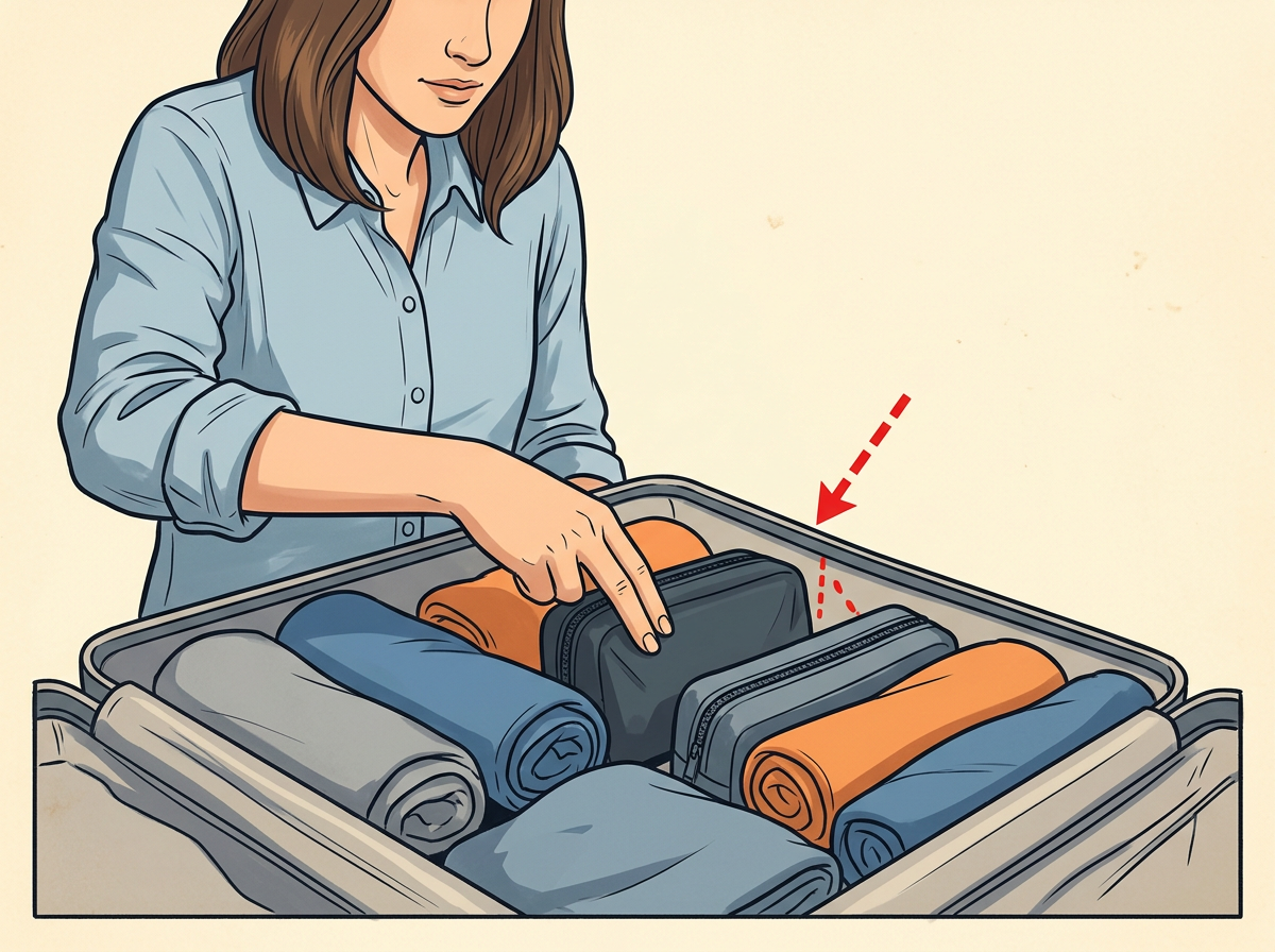 5: TUCK the toiletry kit and loose smalls into gaps and any lid compartments.