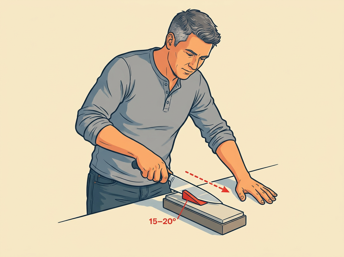 2: HOLD the handle in your dominant hand at about fifteen to twenty degrees to the stone for most Western kitchen knives (some blades run thinner).