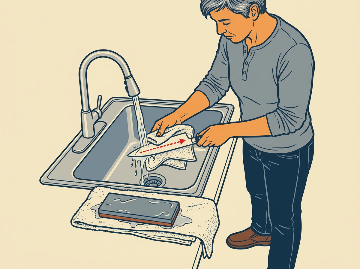 6: RINSE the blade and stone under water, then dry the knife fully before any test cut.
