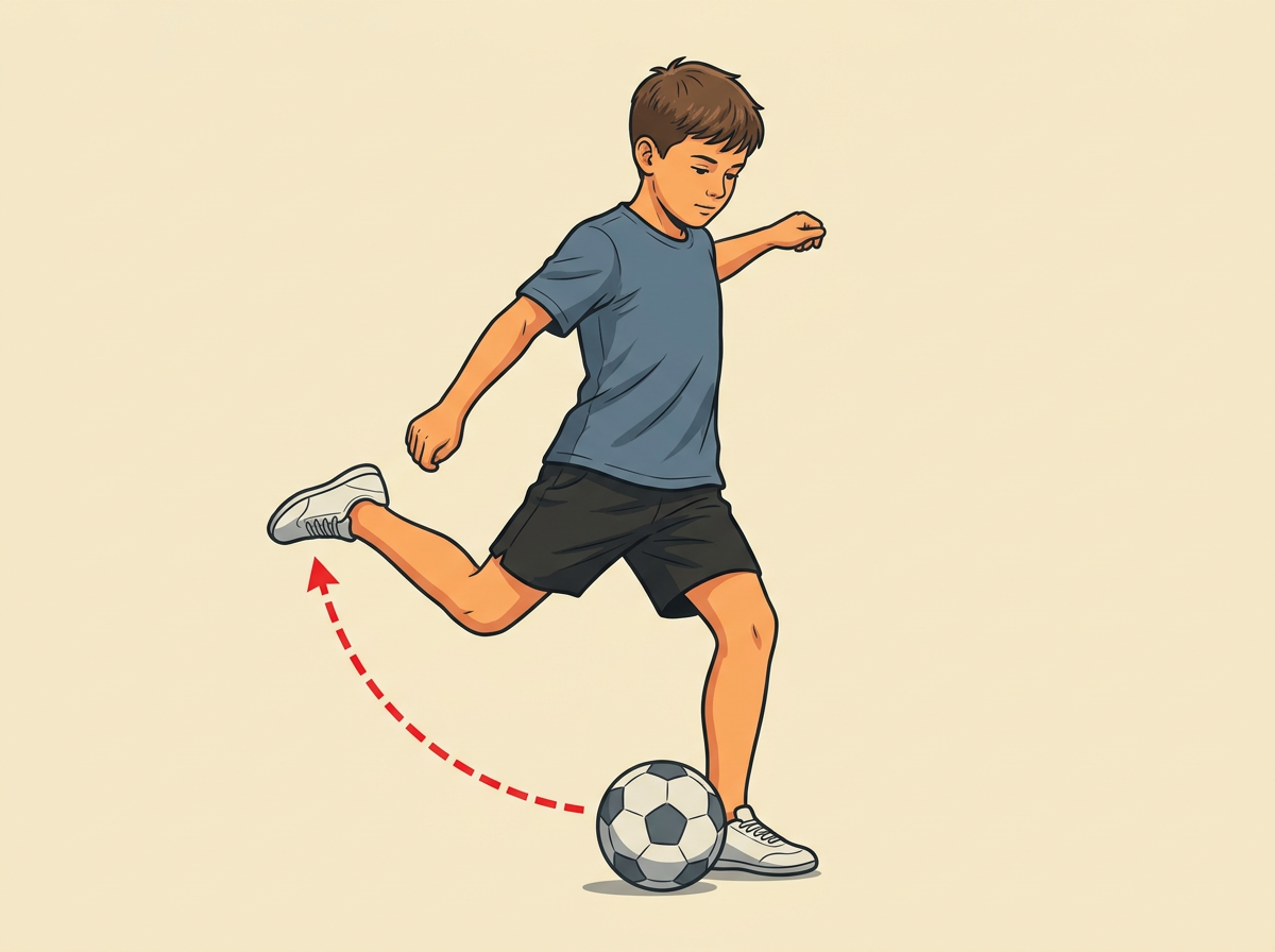 3: RAISE your kicking heel behind you until the thigh is nearly level with the ground.