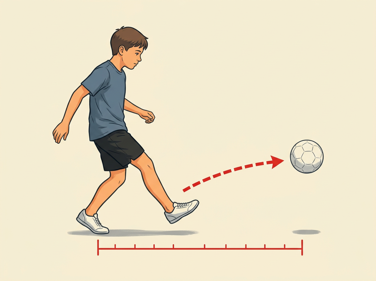 5: DRIVE your weight forward so the kicking foot lands two to three feet past the ball’s starting spot.