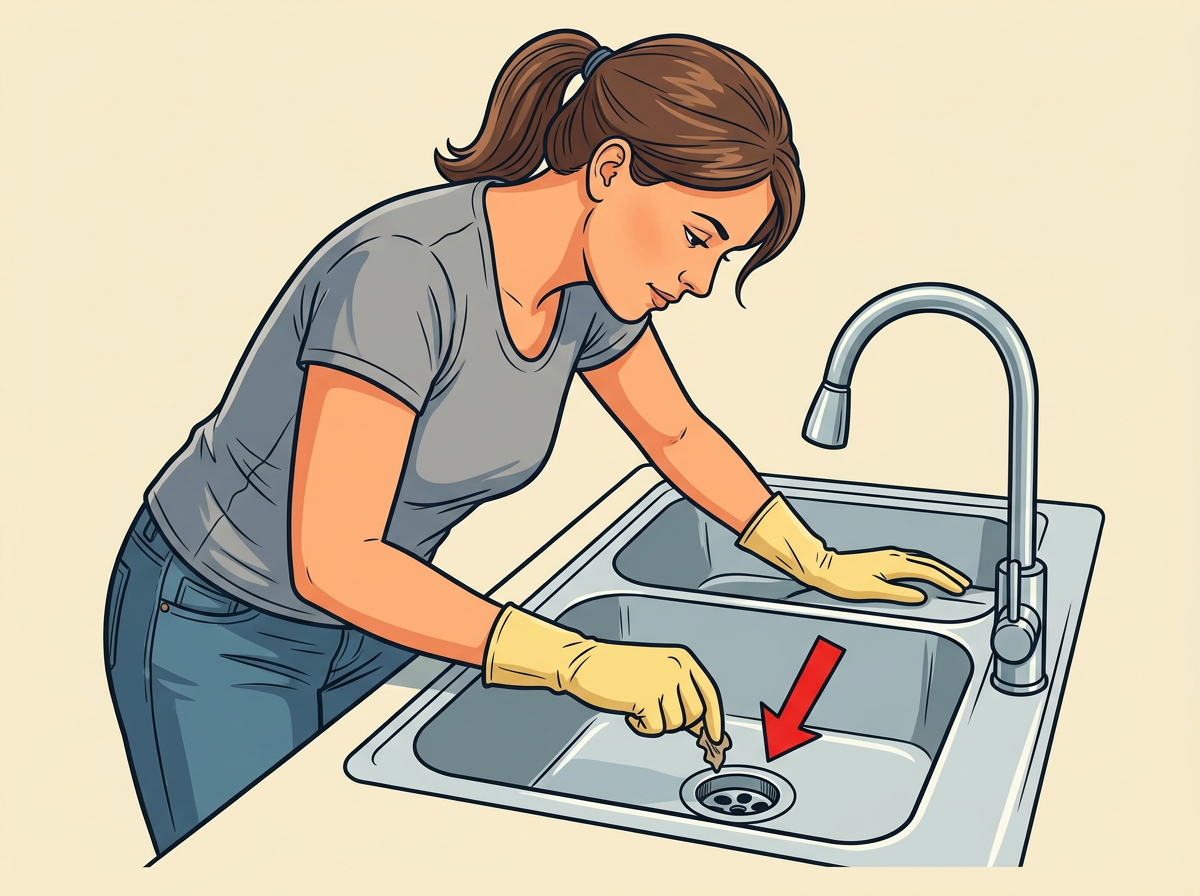 1: LOOK into the drain opening and pull out any loose scraps with gloved fingers.
