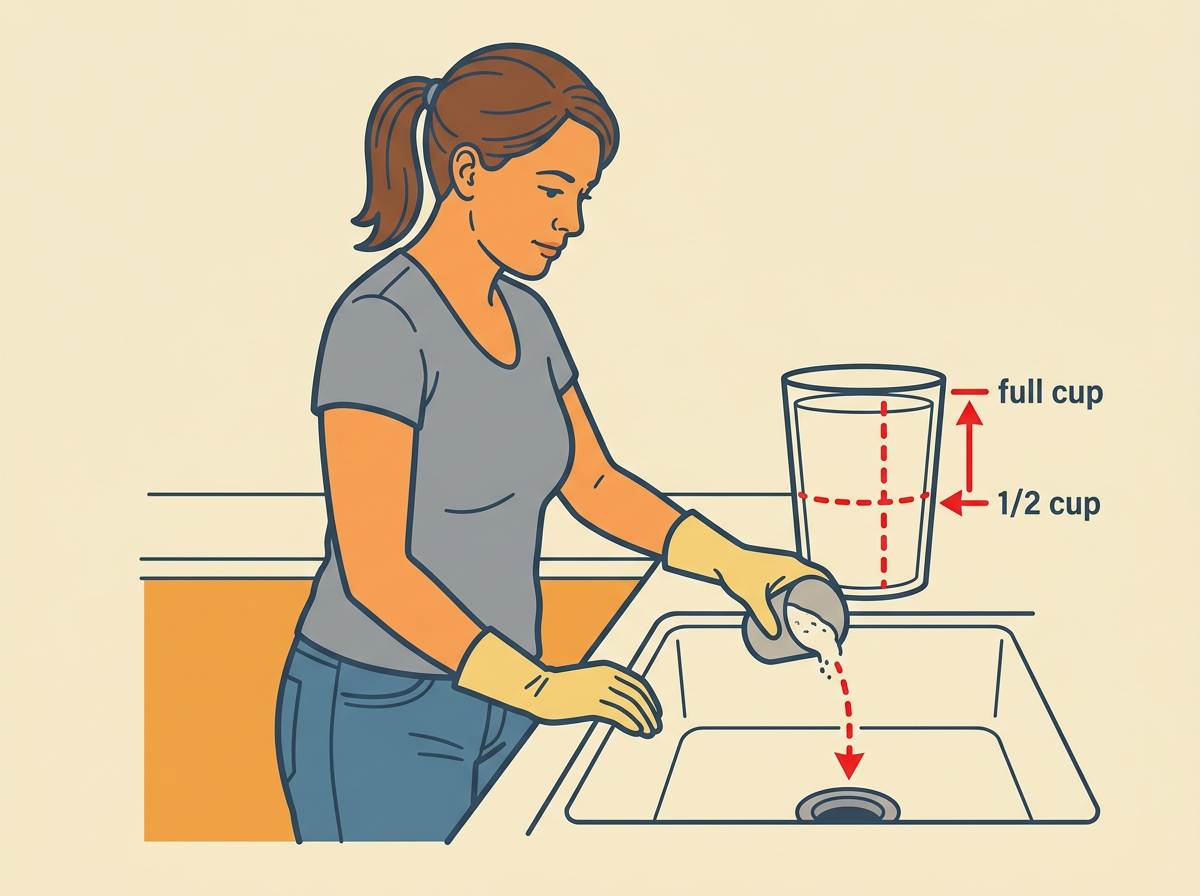 5: POUR half a cup of baking soda down the drain, then one cup of white vinegar.