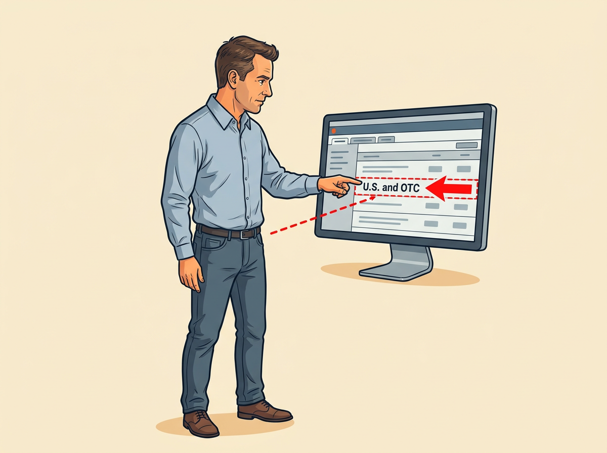 2: CONFIRM the trade or research tab lists Equities and a market filter that includes U.S. and OTC.