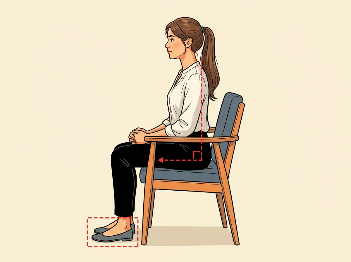 2: SIT with feet flat on the floor, back upright, and hands open or folded in your lap.