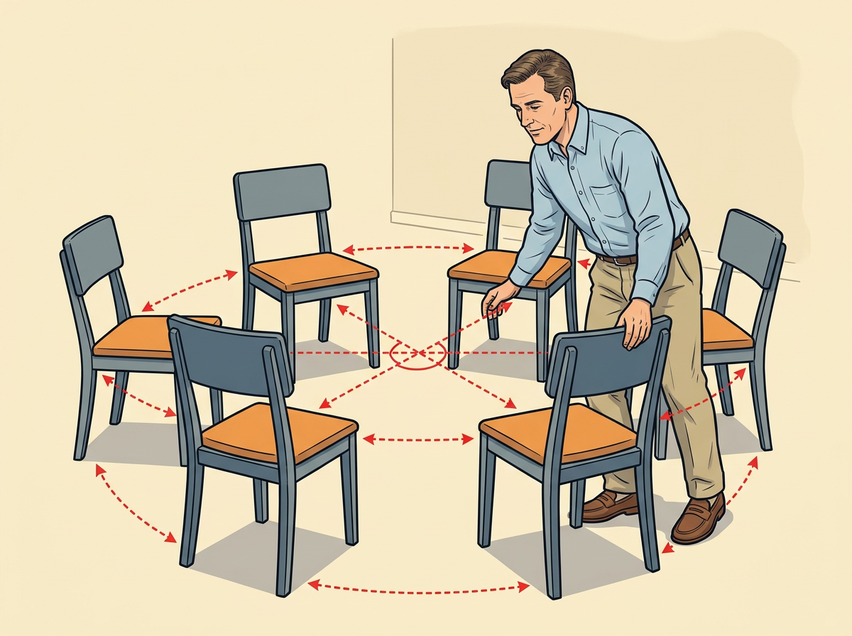 SET the chairs in a close circle so each person sits two to three feet from the next.