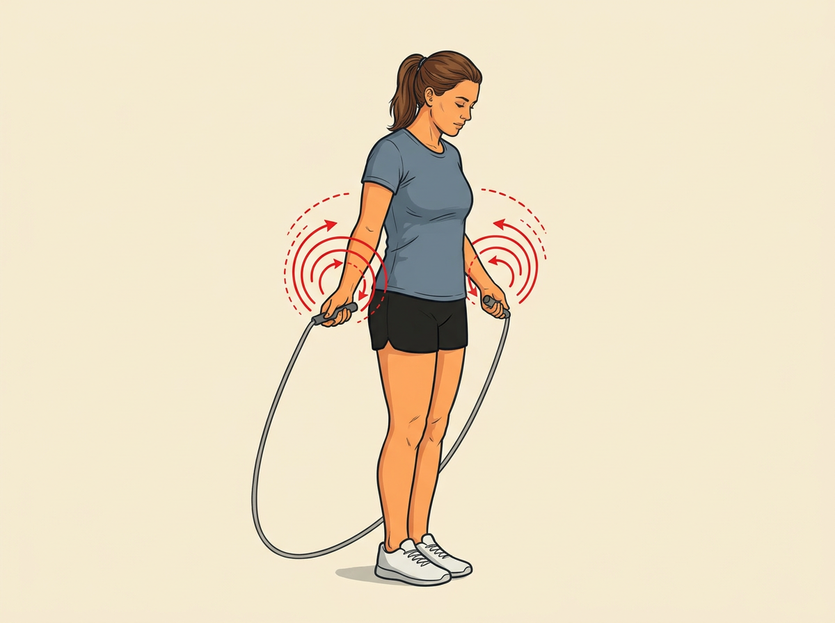 SWING the rope from behind your feet forward using small wrist circles no larger than a dinner plate.