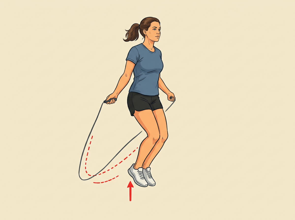 HOP straight up one to two inches so the rope passes under both feet at once.