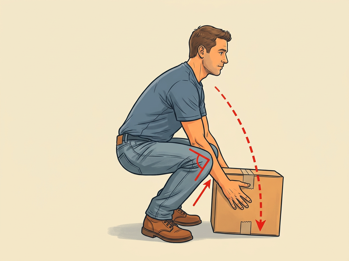 LOWER by bending knees again until the box rests fully on the floor.
