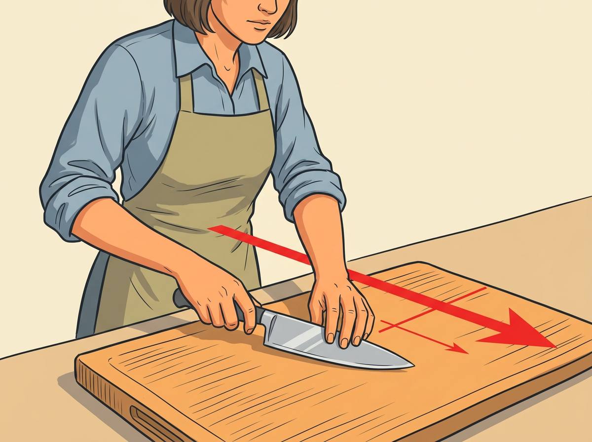 PLACE the knife on the board first with the edge angled slightly away from your body before any fingers touch the handle.