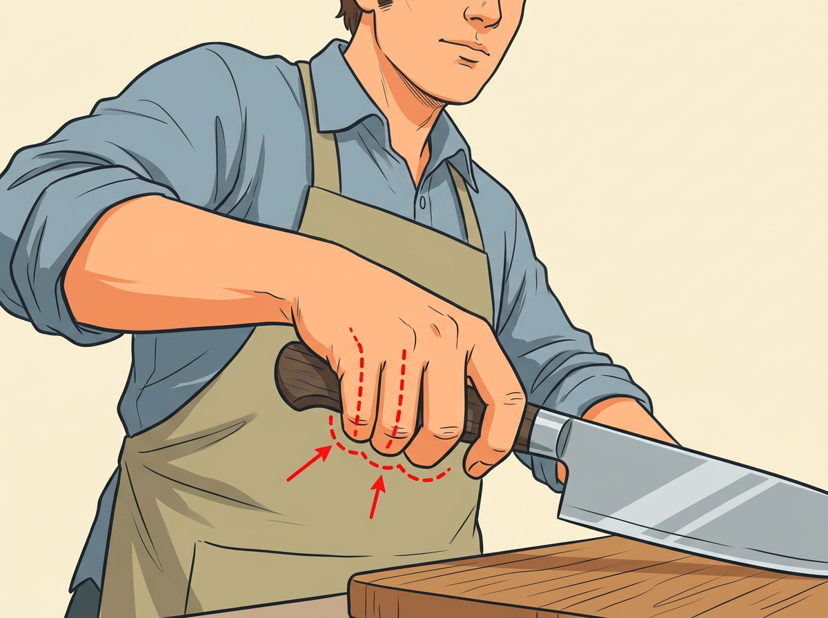 WRAP your middle, ring, and pinky fingers around the handle just behind where the blade meets the handle.