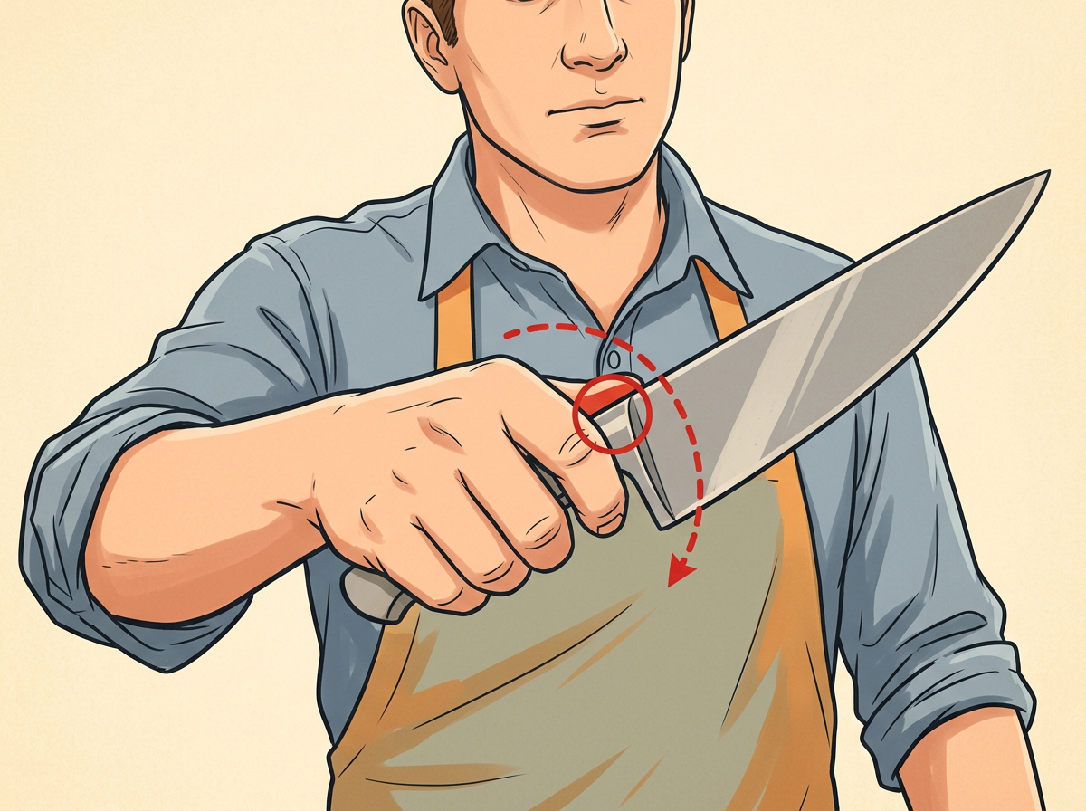 PINCH the blade between thumb and forefinger pads right where the metal leaves the handle, keeping fingers clear of the edge.