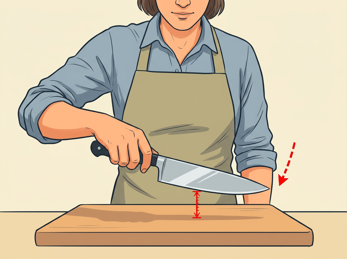 LIFT the knife about one inch off the board with the tip pointed slightly down and away from your body.