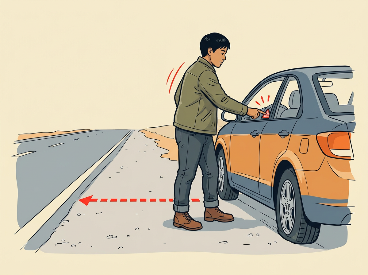1: PULL well clear of the travel lane onto the firmest level ground you can reach: switch on the hazard lights.