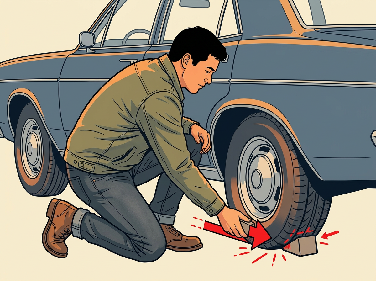 2: CHOCK the tires that stay on the ground: wedge blocks snug against the treads at the opposite end from the flat.