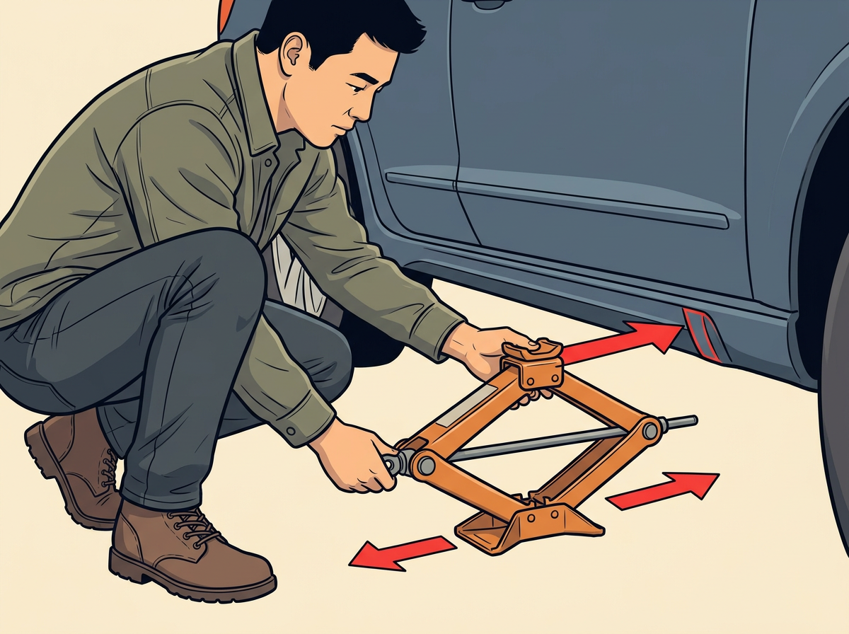 4: SET the jack squarely under the factory lift point nearest the flat: the metal pad must sit fully on the jack saddle.