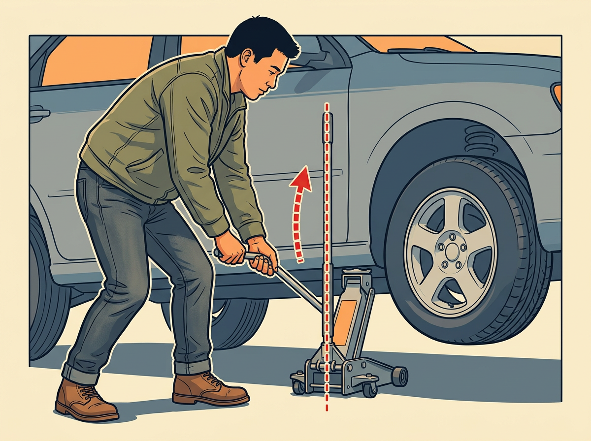5: RAISE the car slowly until the flat tire spins free about two inches above the pavement: keep the jack vertical the whole time.