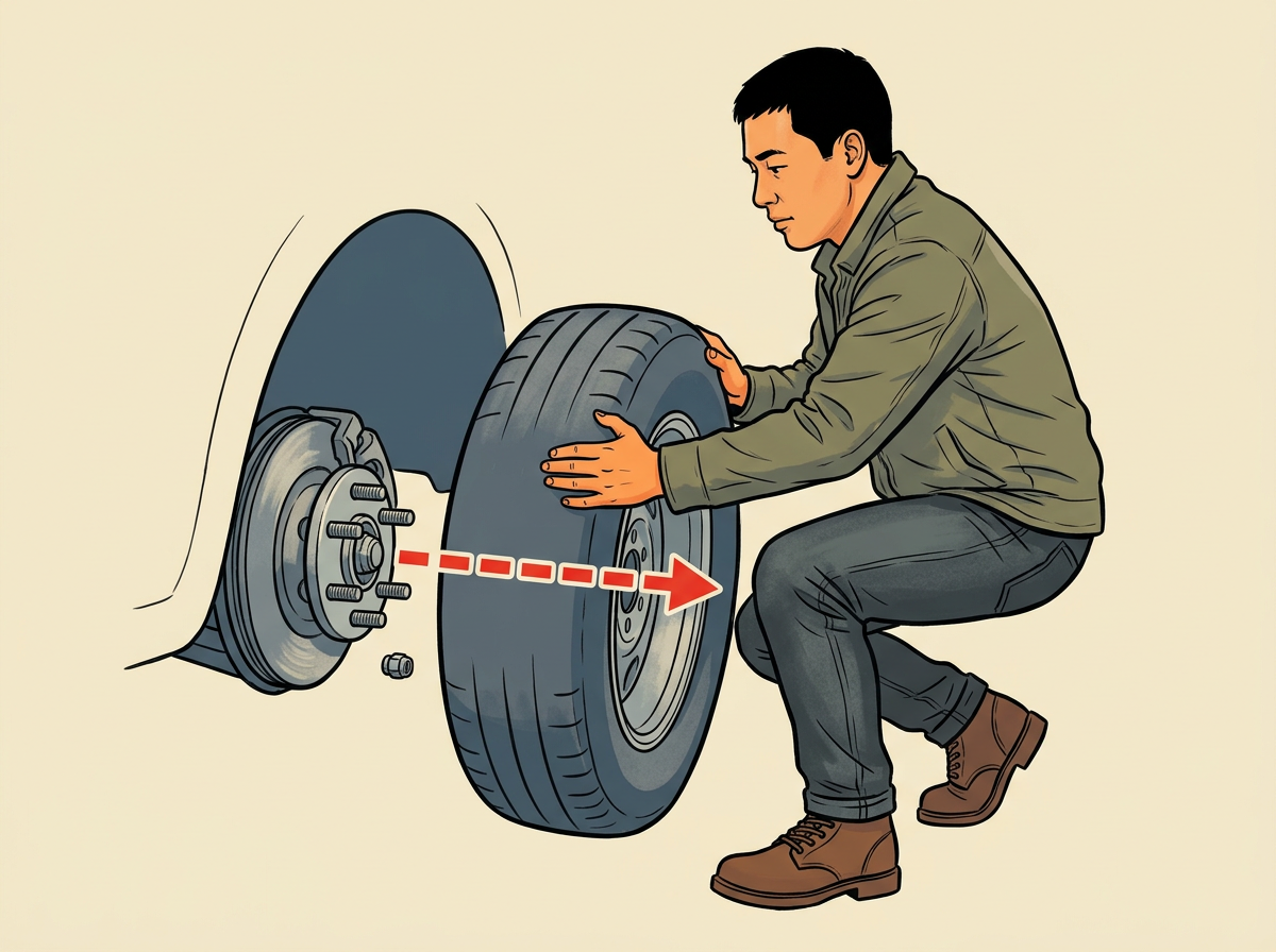 6: REMOVE the lug nuts the rest of the way and slide the flat tire straight off the studs toward you.