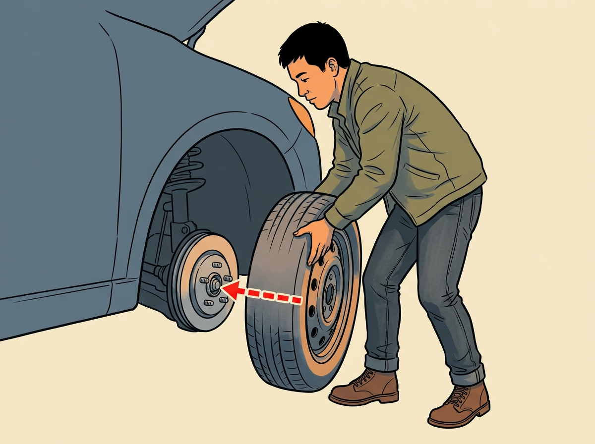 7: MOUNT the spare onto the exposed studs: line up the holes, push it flush to the hub, and spin each nut on by hand.