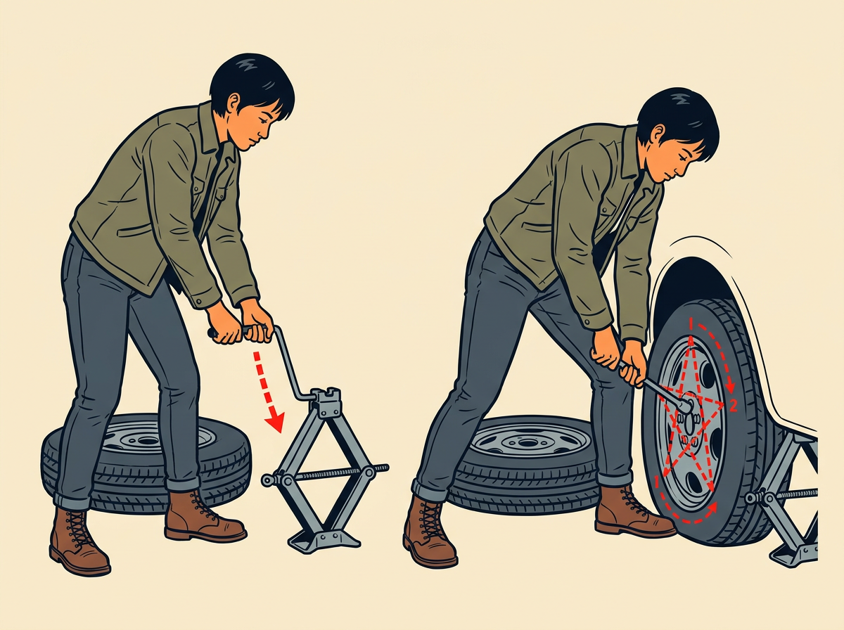 8: LOWER the jack until the spare carries the full weight of the car and the jack pulls free.