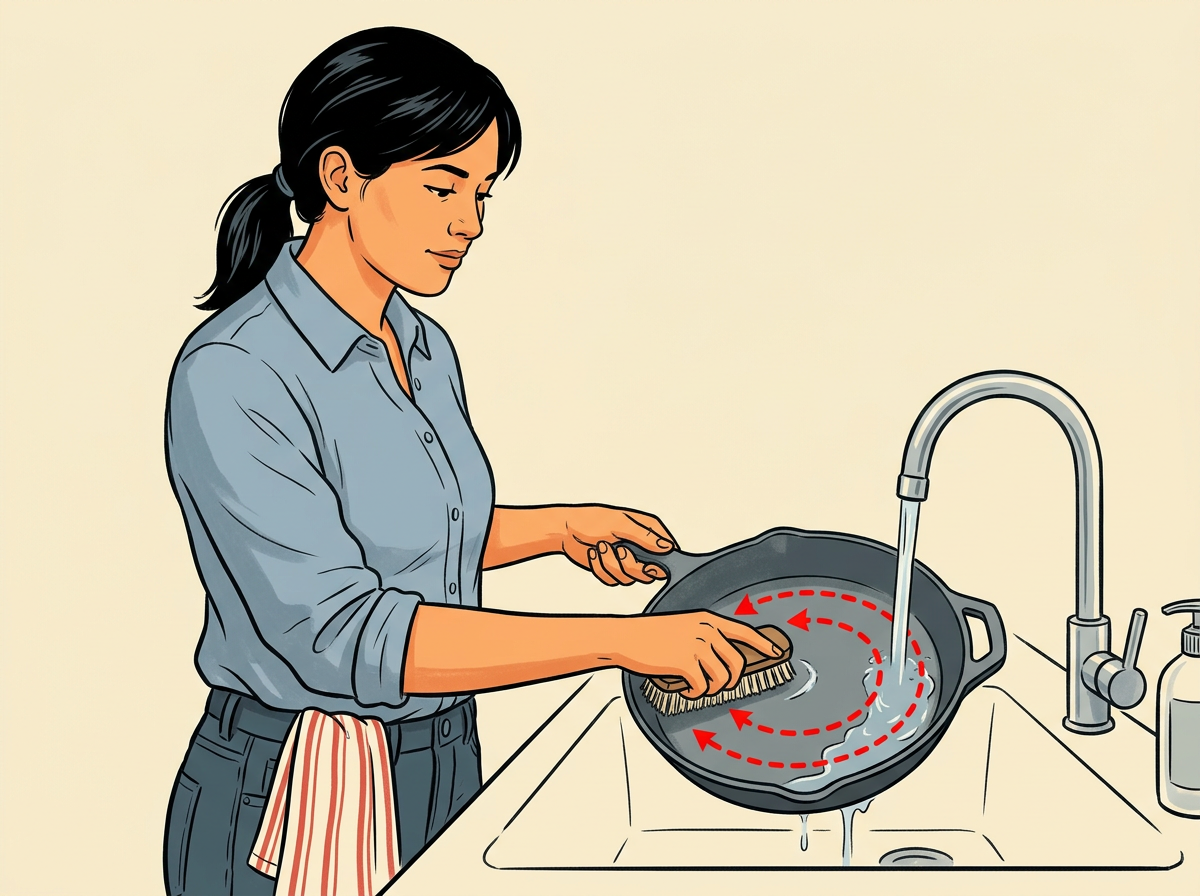 1: WASH the skillet in hot water with a drop of soap and a stiff brush until factory residue or rust is gone.