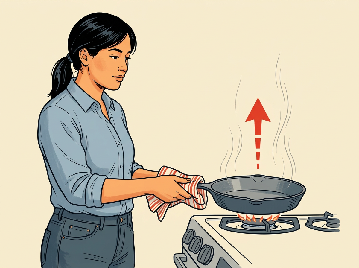 2: DRY the skillet on a low burner while gripping the handle with your towel so every water droplet leaves.