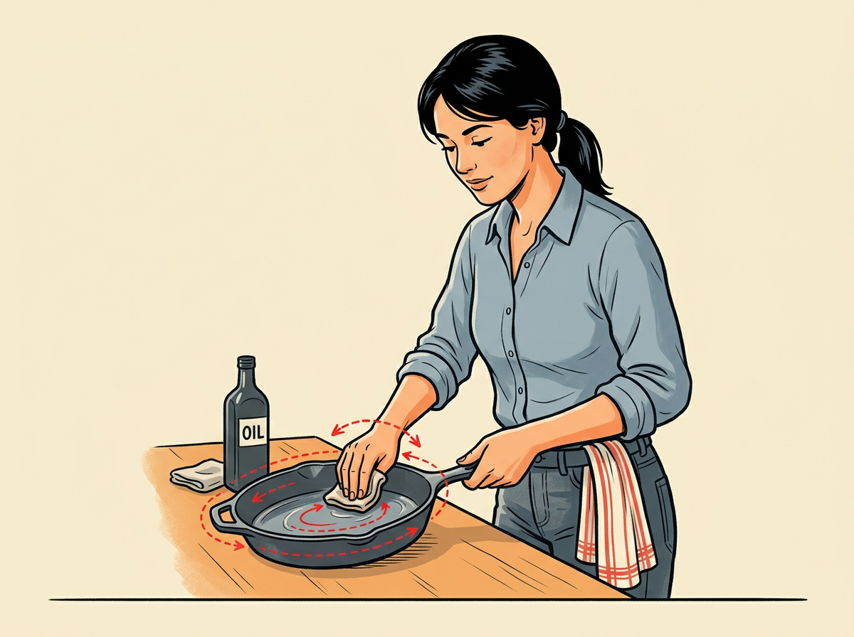 3: RUB a thin oil film across the warm inside, outside, and handle using a cloth.