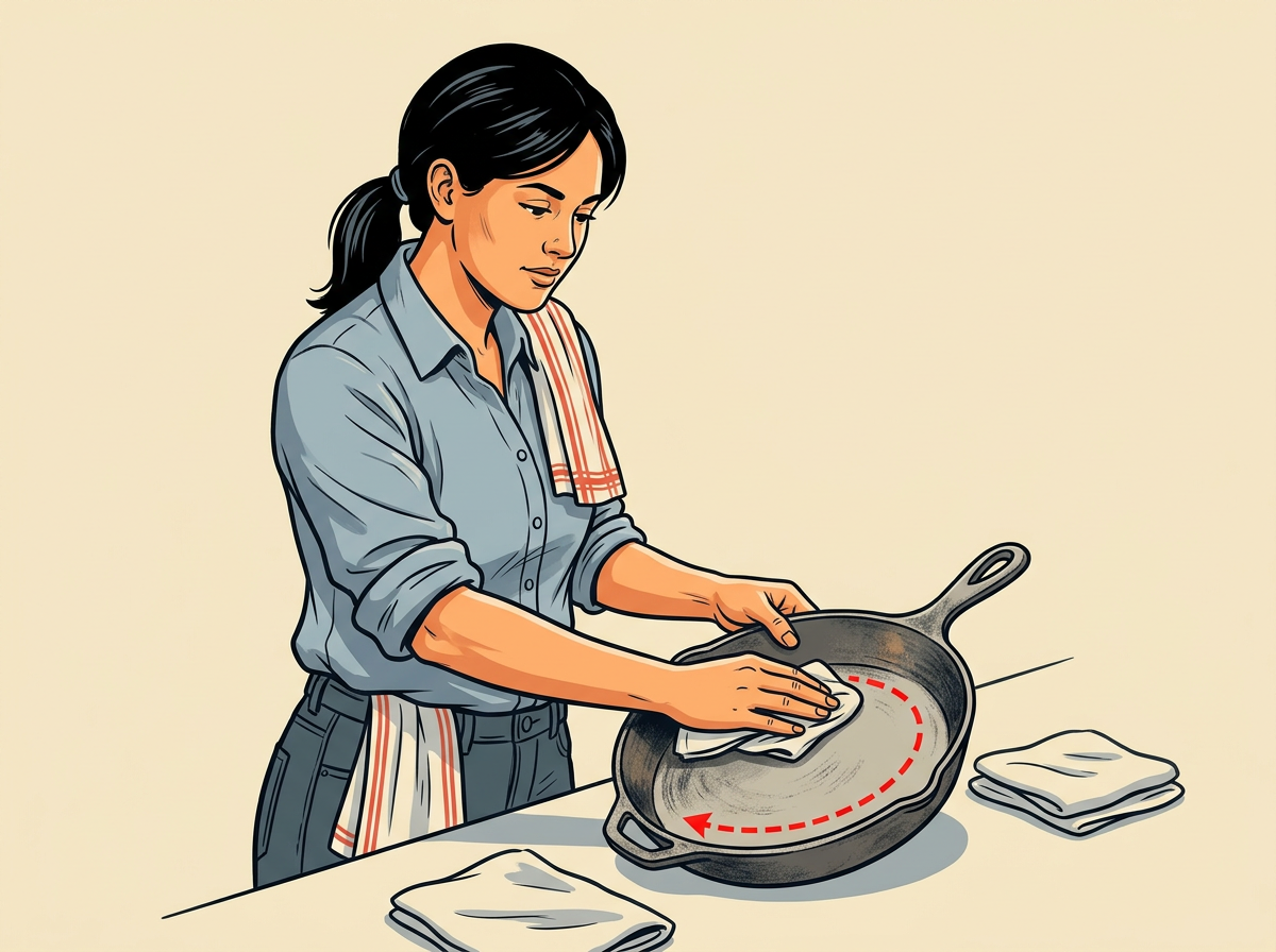 4: WIPE all oiled surfaces with a fresh dry cloth until the pan looks nearly bare.