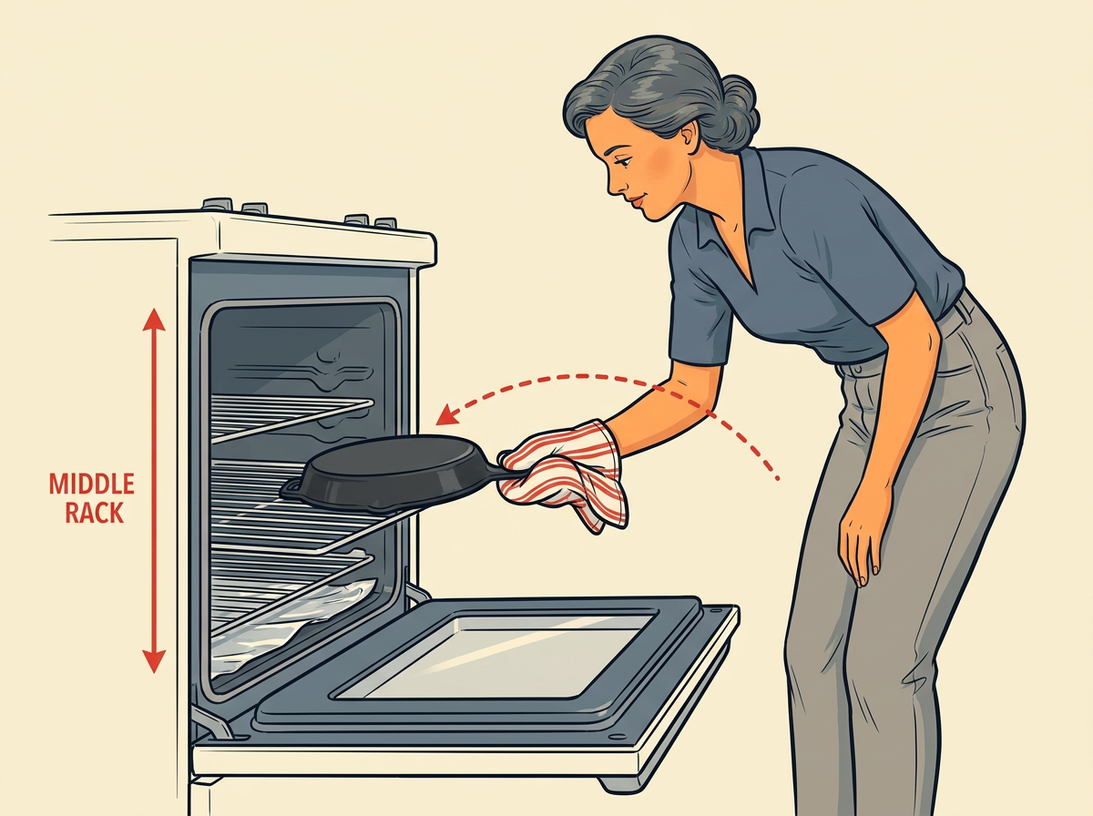 5: BAKE the upside-down skillet onto the middle rack with a mitt once the oven holds about 450°F and foil guards the rack below.