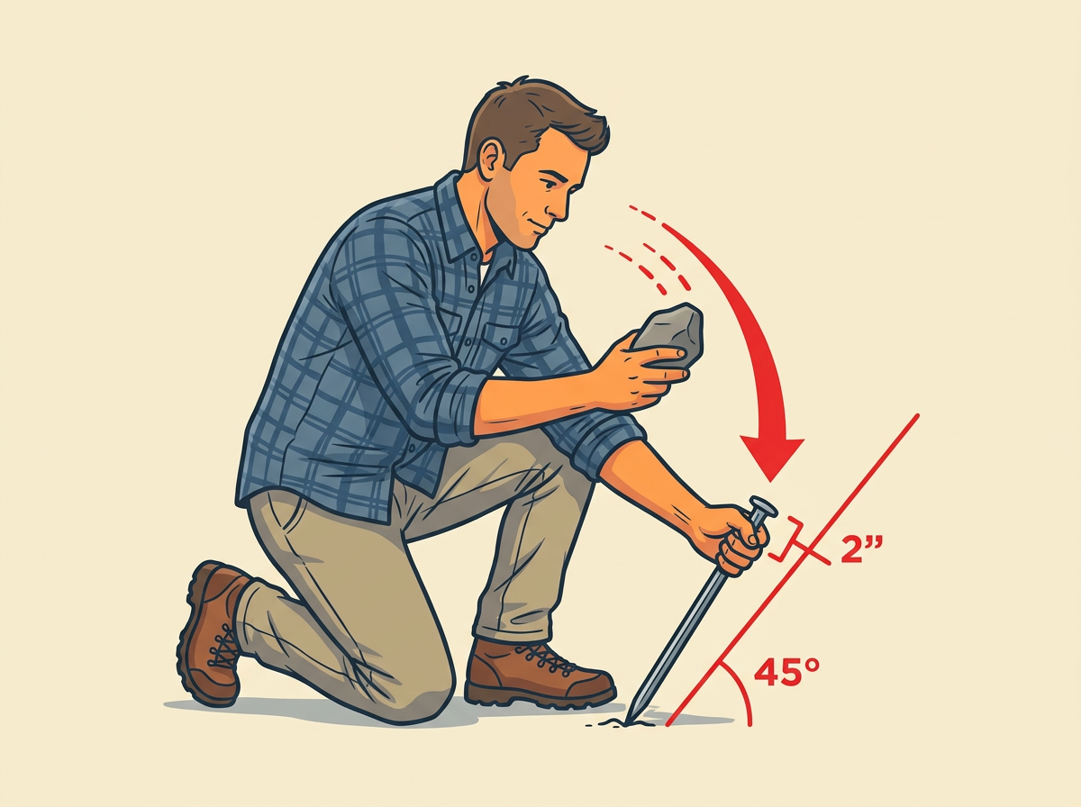 3: STAKE each corner loop at a 45-degree angle outward, driving the stake until two inches of head remain above soil.