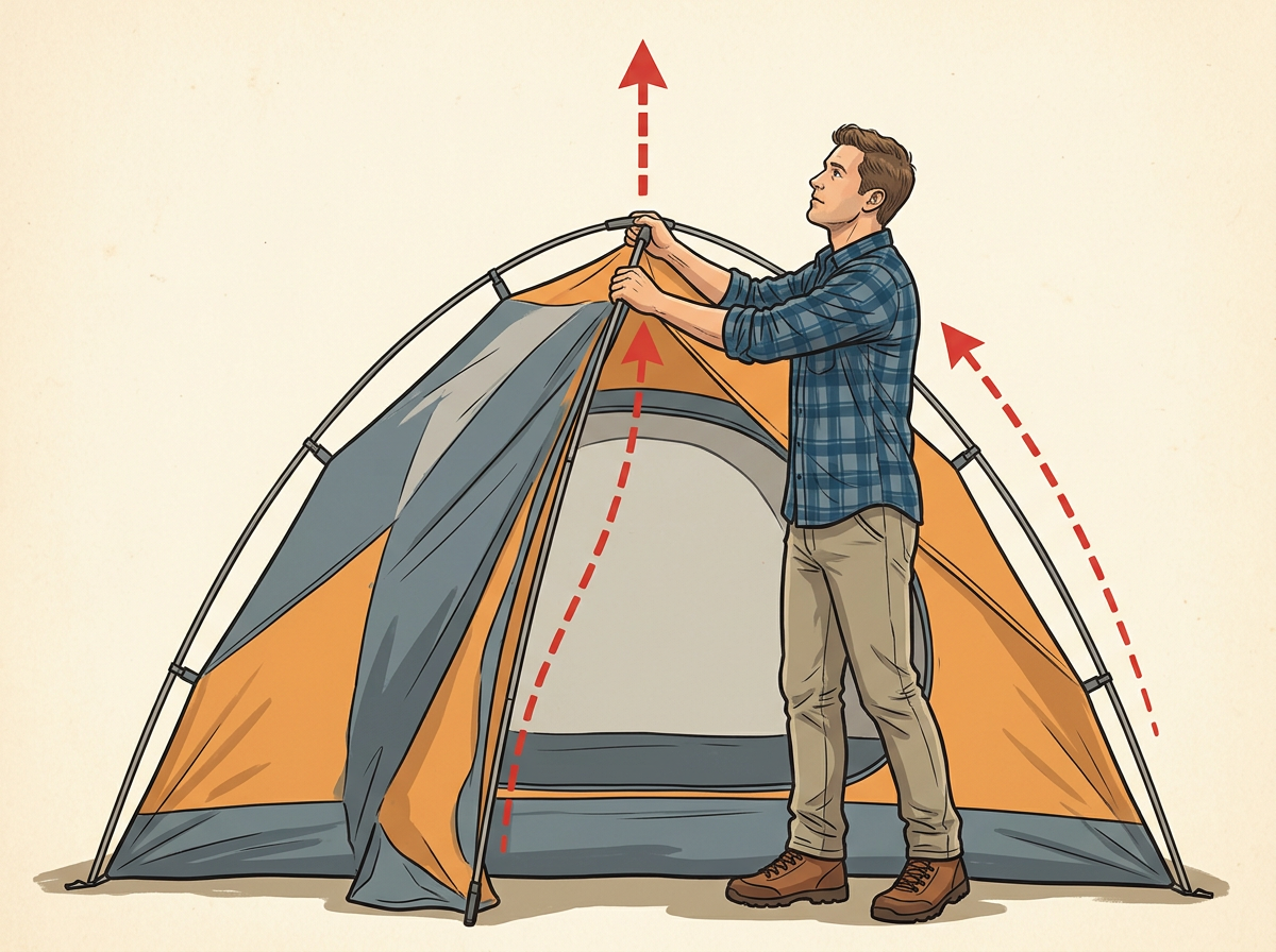 5: RAISE the pole structure by lifting the center until the walls stand vertical and the floor pulls tight.
