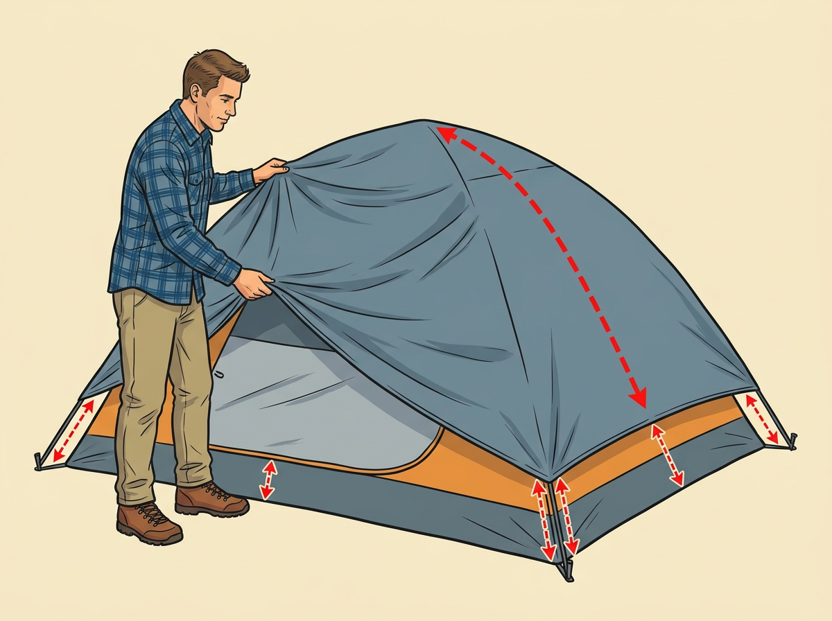 6: CLIP the rainfly over the poles and fasten every buckle so the fly sits two inches above the tent body.