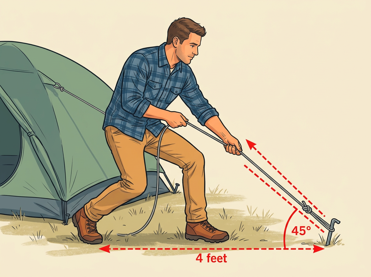 7: TIGHTEN each guy line to a stake placed four feet out, pulling until the wall fabric feels drum-tight.