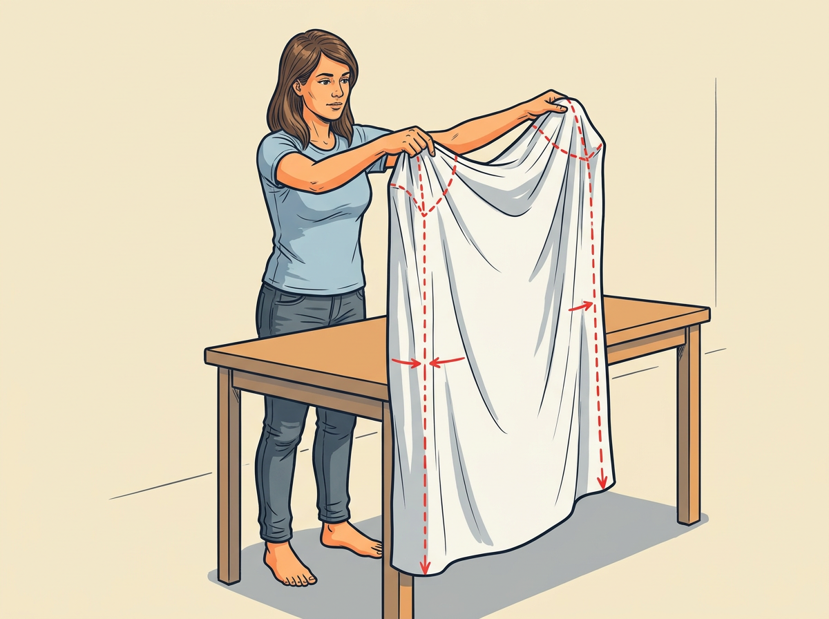 1: START with the sheet inside out, short edge facing you, and one hand deep in each of the two nearest corner pockets.