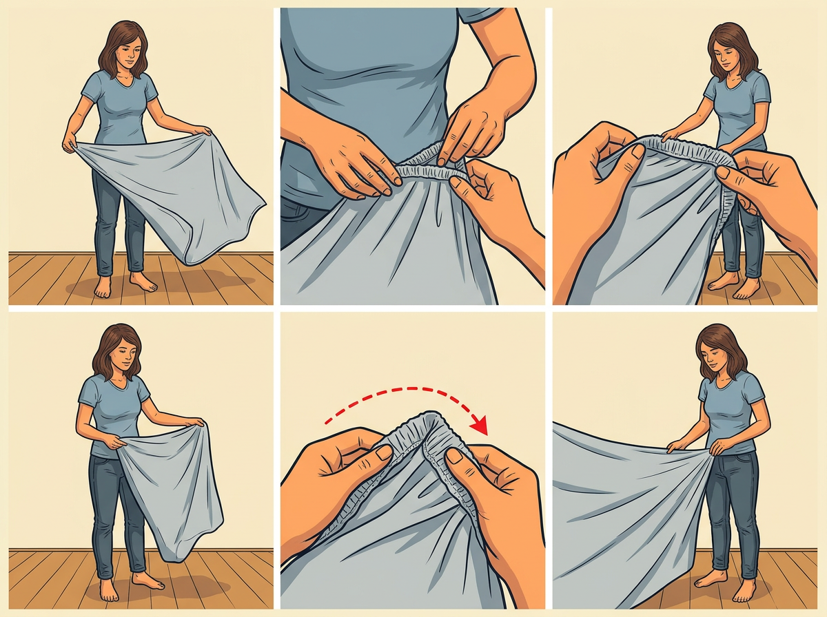 2: TUCK the right corner over the left so one pocket nests fully inside the other.