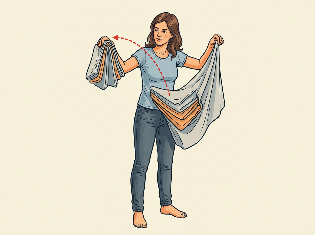3: REACH down the hanging side, find the next free corner, and slip it over the nested pair the same way.