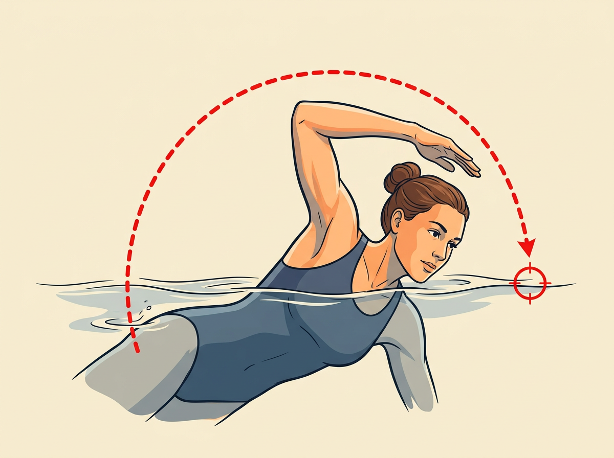 RECOVER the spent arm forward above water with a high bent elbow and relaxed hand until fingers enter ahead again.