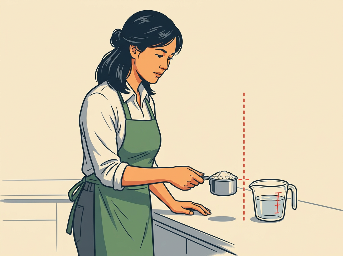 1: MEASURE one level cup of long-grain white rice and two cups of cold water.