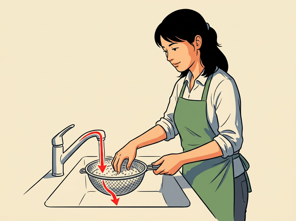 2: RINSE the rice in the strainer under cold running water until the drip runs clear.