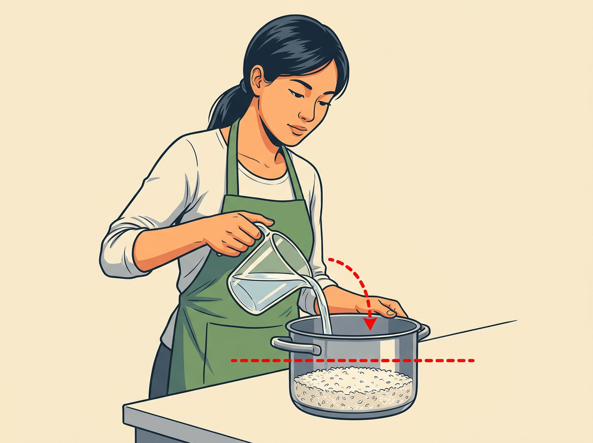 3: COMBINE the rinsed rice, the measured water, and a pinch of salt in the pot.