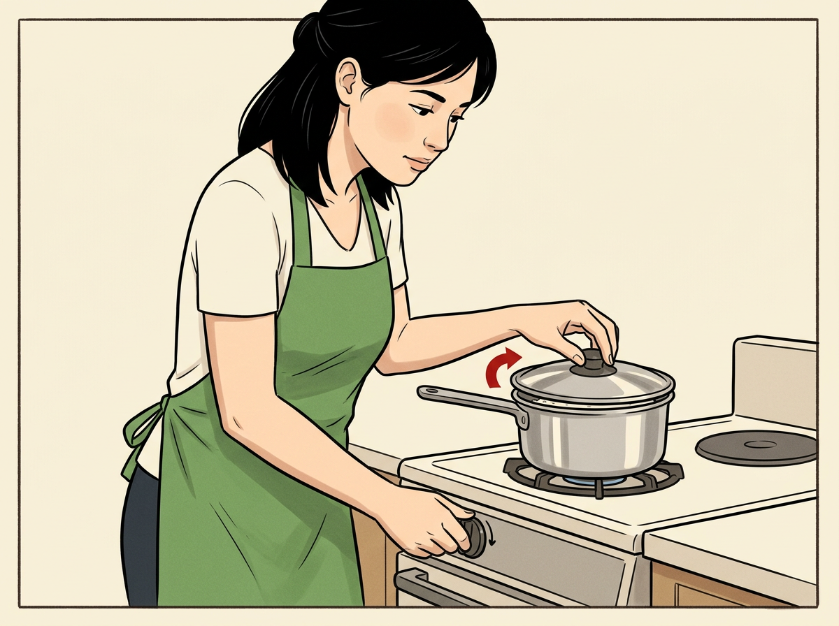 5: LOWER the heat to the lowest setting, set the lid on tight, and leave it untouched.