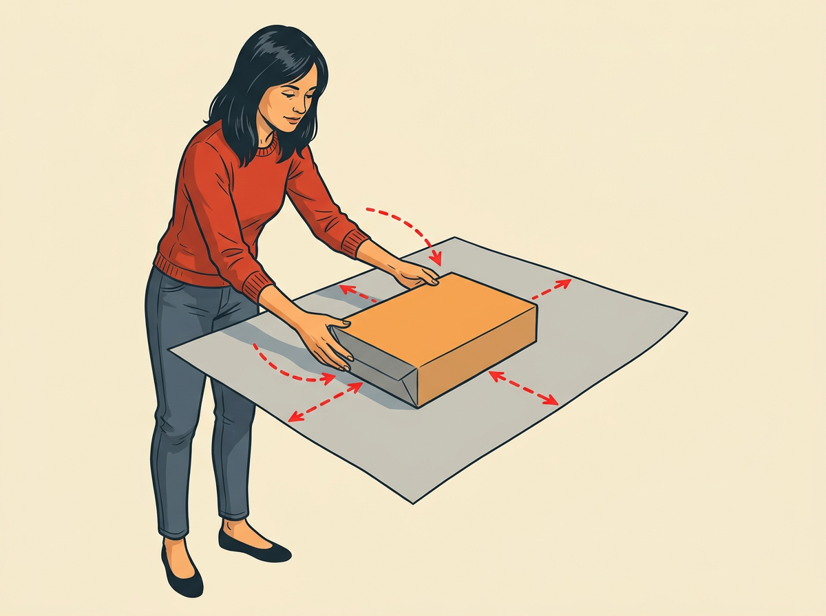 2: PLACE the box in the middle of the cut sheet so equal paper shows on each long side.