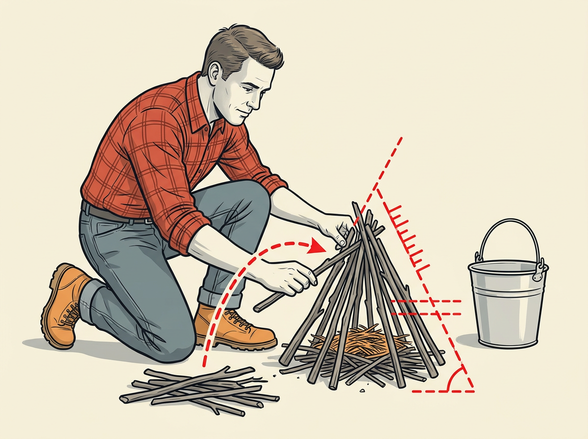 BUILD a teepee of eight to twelve pencil-thick sticks over the tinder with two-finger gaps between them.