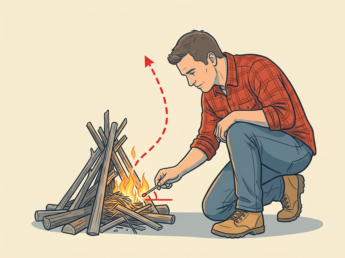 LIGHT the tinder edge with one match held low and your body shielding it from wind.