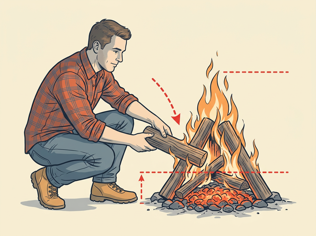 FEED one wrist-thick fuel log at a time once kindling is fully ablaze.