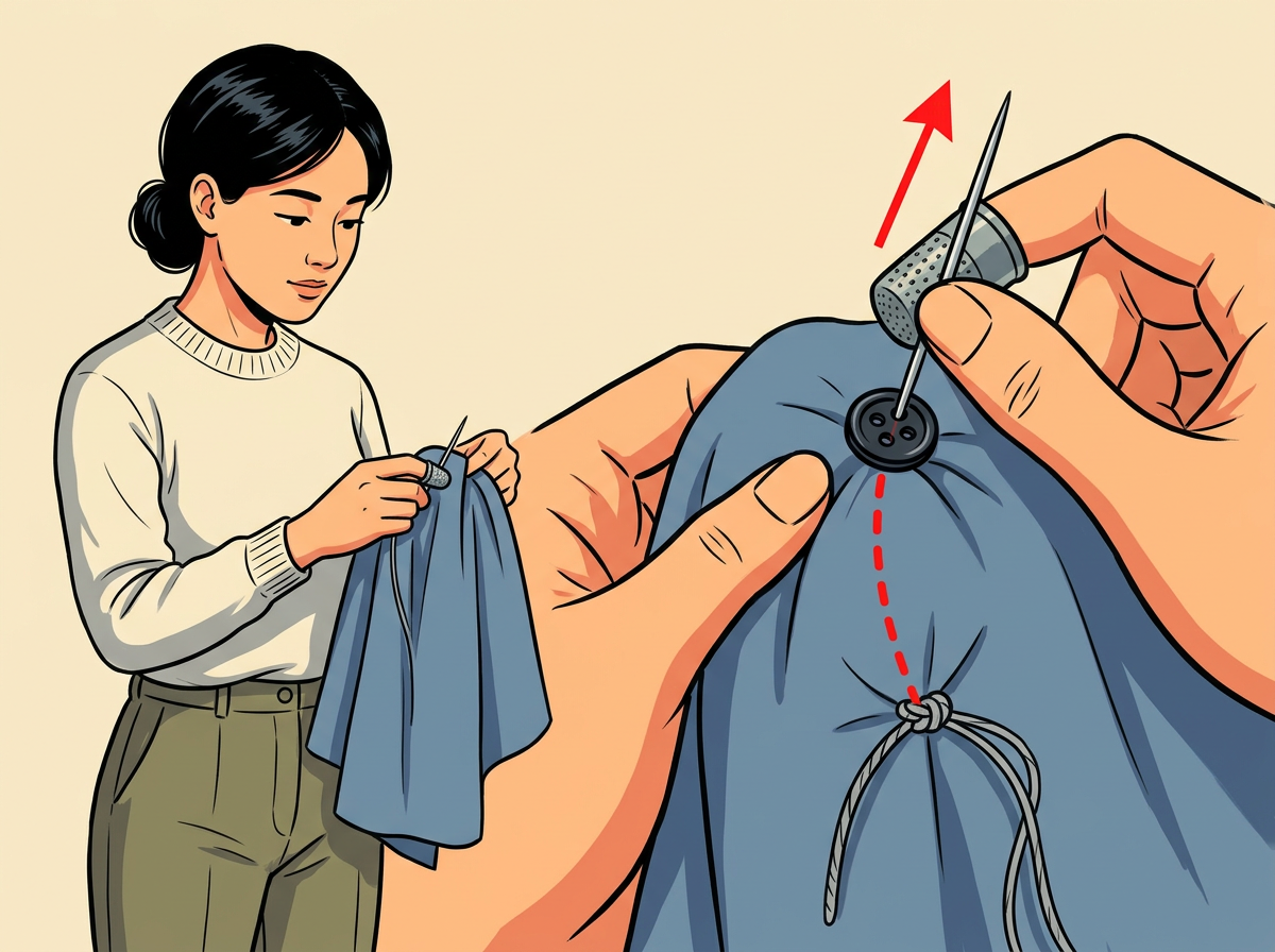 2: PUSH the needle up from the fabric underside at the exact button spot so the knot stops flat on the back.